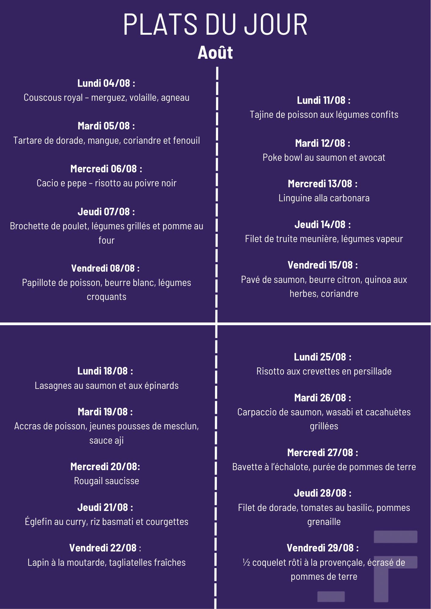 Plat du jour - Le Floris à Anières juillet 2025