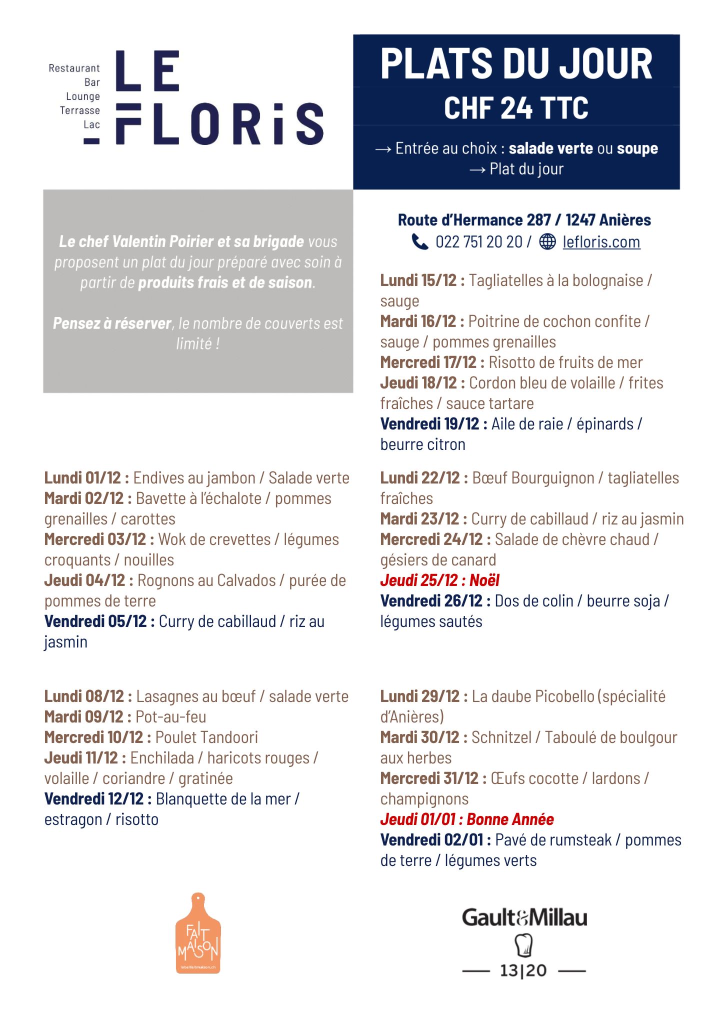 Plat du jour - Le Floris à Anières décembre 2025